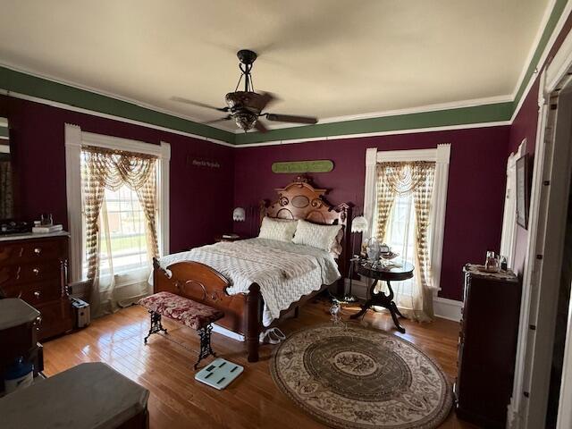 400 S Water St, Sparta, WI 54656 - bedroom with wood finished floors, ornamental molding, and ceiling fan