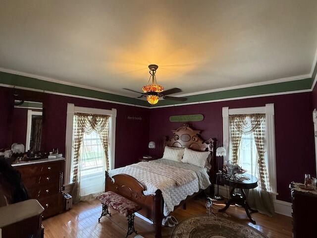 400 S Water St, Sparta, WI 54656 - bedroom with wood finished floors, access to exterior, ornamental molding, and ceiling fan