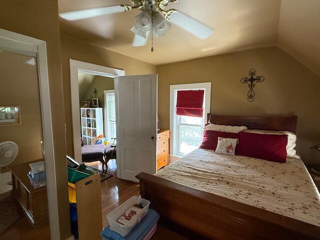400 S Water St, Sparta, WI 54656 - bedroom featuring lofted ceiling, wood finished floors, and a ceiling fan