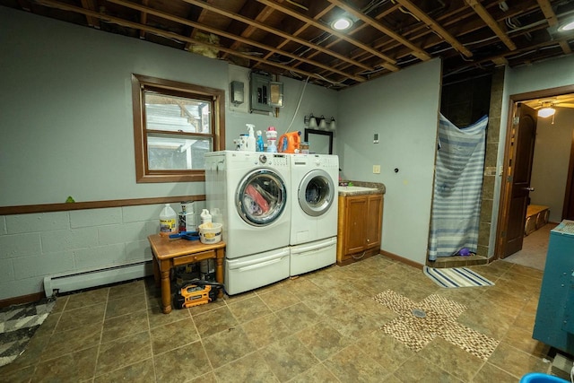 105 Glenview Dr, Tomah, WI 54660 - laundry room with a baseboard radiator, cabinet space, and washer and clothes dryer