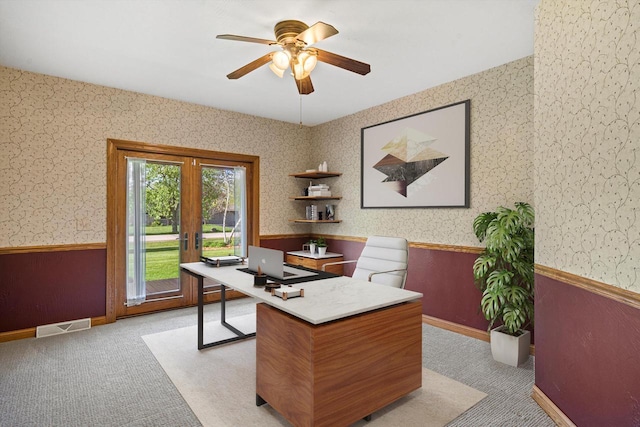 4531 Tabor Rd, Racine, WI 53402 - office with a wainscoted wall, ceiling fan, wallpapered walls, light carpet, and baseboards