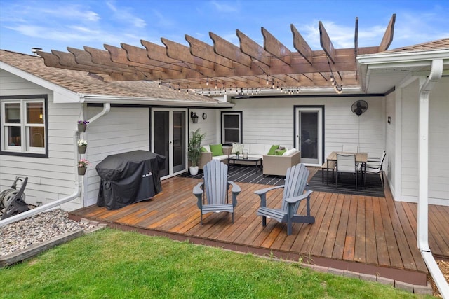 4531 Tabor Rd, Racine, WI 53402 - deck with an outdoor hangout area, a grill, and a pergola