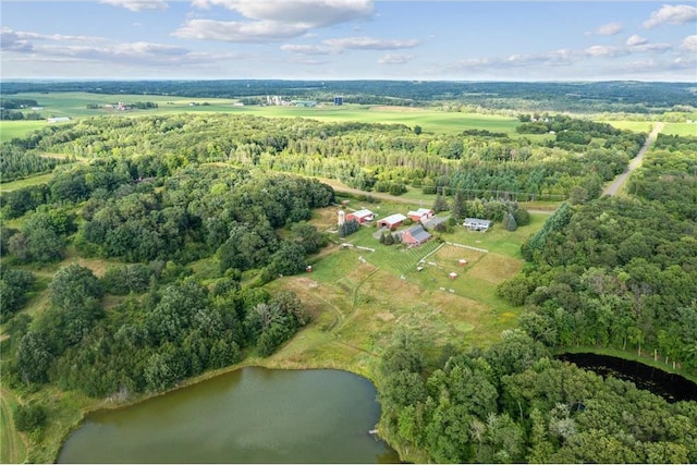 2929 170th St, Frederic, WI 54837 - aerial view of property and surrounding area with a nearby body of water, a forest, and rural landscape
