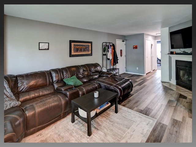 6710 Park Ridge Dr Unit B, Madison, WI 53719 - living area featuring wood finished floors, a glass covered fireplace, and baseboards
