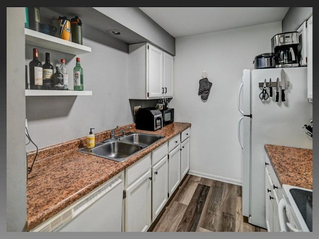 6710 Park Ridge Dr Unit B, Madison, WI 53719 - kitchen with a sink, white appliances, dark wood finished floors, white cabinetry, and open shelves
