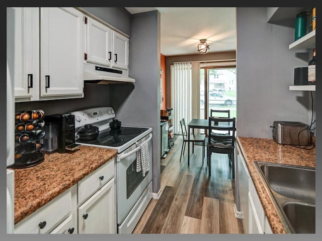 6710 Park Ridge Dr Unit B, Madison, WI 53719 - kitchen featuring white range with electric stovetop, under cabinet range hood, a sink, wood finished floors, and white cabinets