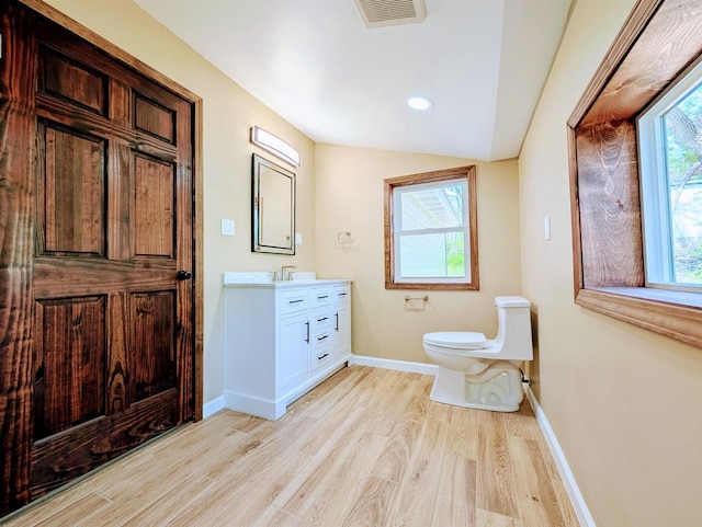 73 Church St, Montello, WI 53949 - bathroom with wood finished floors, toilet, baseboards, lofted ceiling, and vanity
