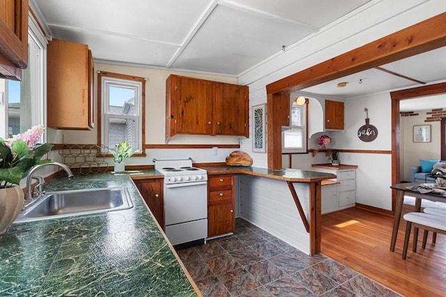 131 S Sidney St, Kimberly, WI 54136 - kitchen with electric range, a sink, brown cabinets, and dark countertops