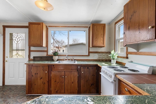 131 S Sidney St, Kimberly, WI 54136 - kitchen with electric range, a sink, brown cabinetry, and tile countertops