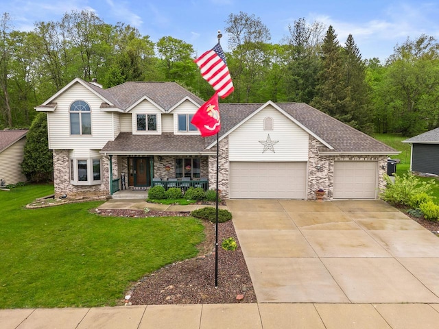 1500 Wolf Dr, West Bend, WI 53090 - traditional-style home with covered porch, an attached garage, a front lawn, driveway, and roof with shingles