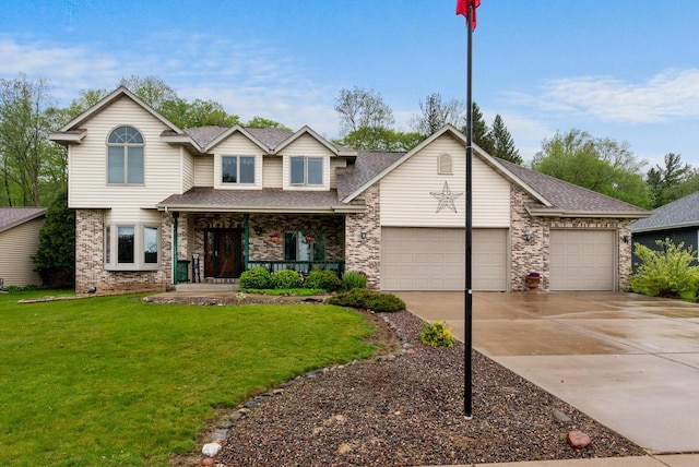 1500 Wolf Dr, West Bend, WI 53090 - view of front of property with covered porch, a garage, driveway, a front lawn, and a shingled roof