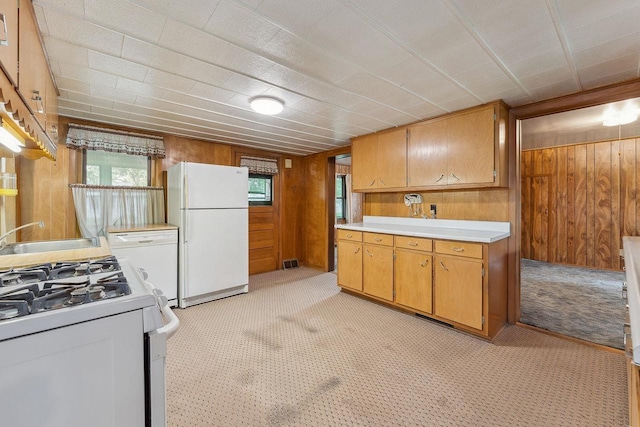 407 E Franklin St, Portage, WI 53901 - kitchen featuring white appliances, a sink, light carpet, wooden walls, and light countertops
