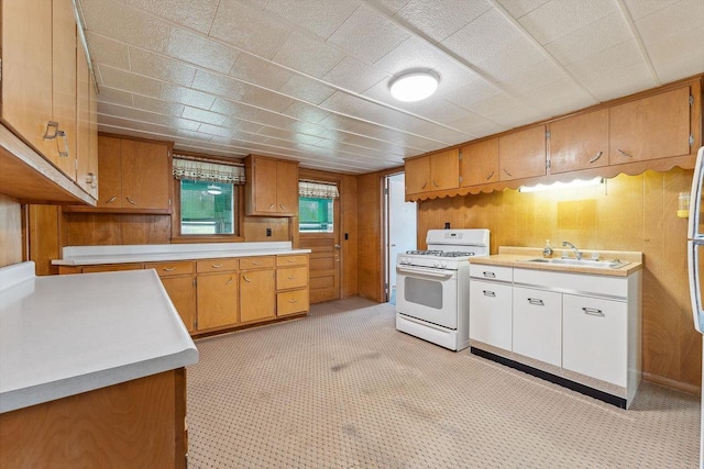 407 E Franklin St, Portage, WI 53901 - kitchen with white gas range oven, a sink, light countertops, and wood walls