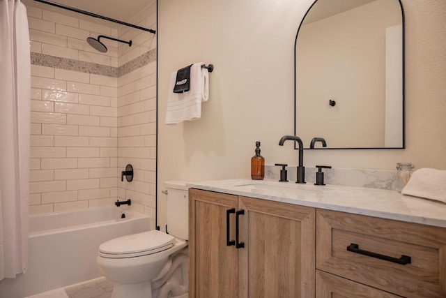 W5613 37th St, New Lisbon, WI 53950 - bathroom featuring toilet, vanity, shower / bath combination with curtain, and marble finish flooring