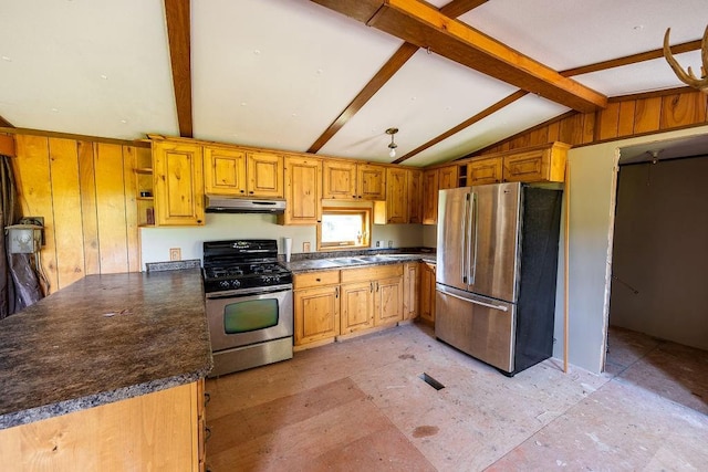 N5172 County Road O, Bruce, WI 54819 - kitchen featuring appliances with stainless steel finishes, under cabinet range hood, dark countertops, wooden walls, and a sink