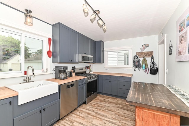 134 W Roberta Ave, Waukesha, WI 53186 - kitchen with appliances with stainless steel finishes, a sink, light wood-style flooring, and wood counters