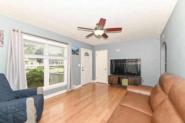 134 W Roberta Ave, Waukesha, WI 53186 - living room with a ceiling fan, wood finished floors, and baseboards