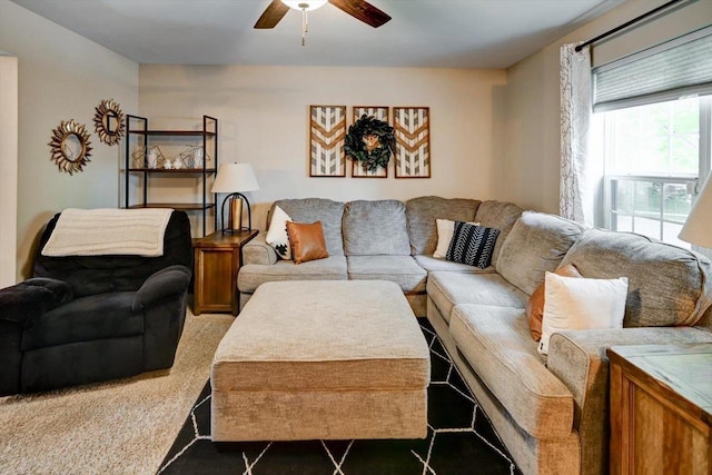 5438 Park Meadow Dr, Madison, WI 53704 - living room featuring a ceiling fan and dark tile patterned floors