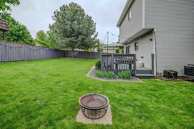 5438 Park Meadow Dr, Madison, WI 53704 - view of yard featuring a wooden deck, an outdoor fire pit, and central air condition unit