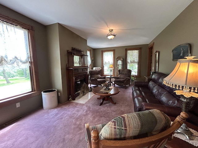 13412 Glacier Rd, Tomah, WI 54660 - living room with carpet floors, plenty of natural light, and a fireplace with flush hearth