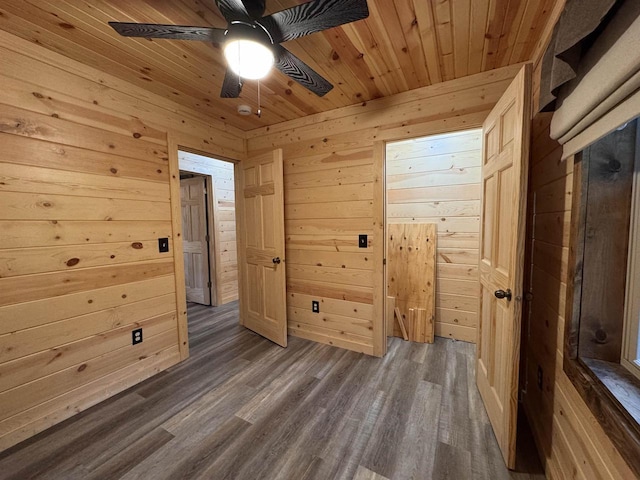 N4755 11th Dr, Montello, WI 53949 - empty room featuring ceiling fan, wood walls, dark wood-type flooring, and wood ceiling