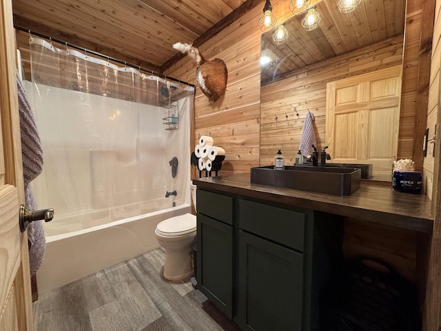N4755 11th Dr, Montello, WI 53949 - bathroom featuring wood finished floors, toilet, wooden walls, vanity, and shower / bath combo