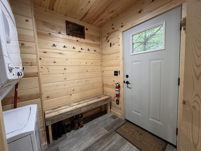 N4755 11th Dr, Montello, WI 53949 - mudroom featuring wood finished floors, wood ceiling, and wood walls