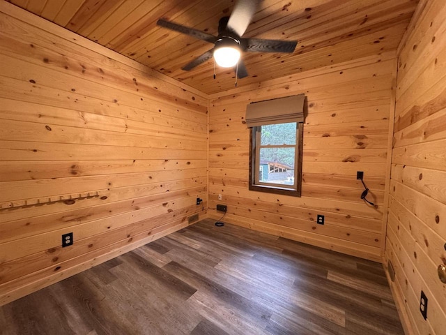N4755 11th Dr, Montello, WI 53949 - empty room with a ceiling fan, dark wood-type flooring, wooden walls, and wood ceiling
