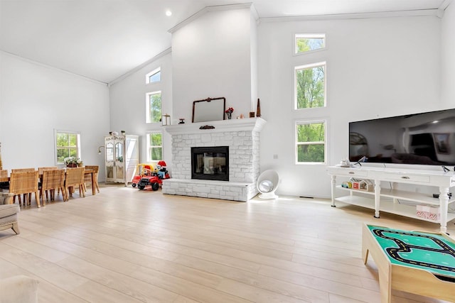 W6870 Czech Ln, Neshkoro, WI 54960 - living room with high vaulted ceiling, ornamental molding, a stone fireplace, and light wood finished floors