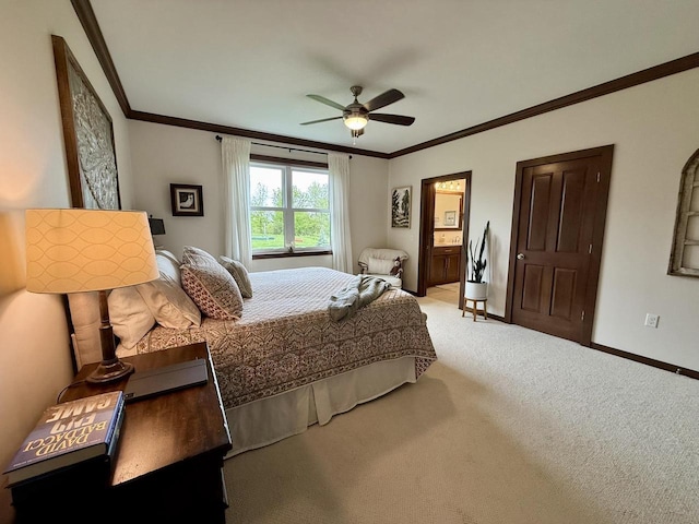 515 Fieldstone Ct, Tomah, WI 54660 - bedroom with ornamental molding, carpet flooring, baseboards, ceiling fan, and ensuite bathroom