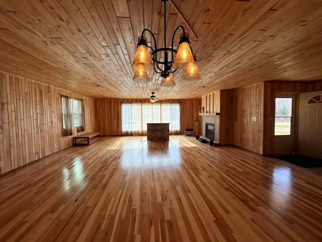 188 County Rd N, Birnamwood, WI 54414 - unfurnished living room featuring wooden ceiling, wood finished floors, and wood walls