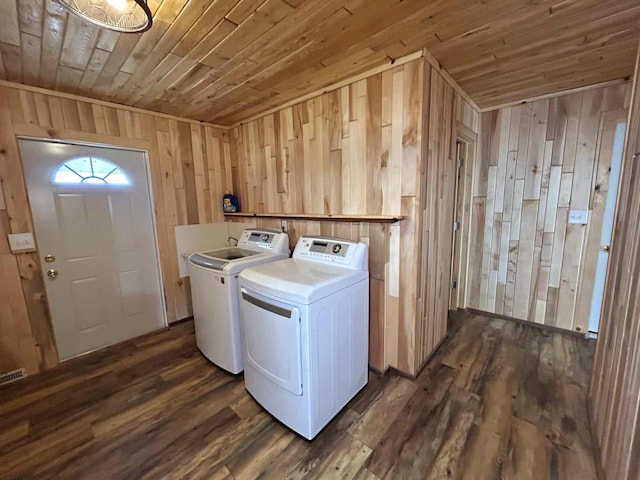 188 County Rd N, Birnamwood, WI 54414 - clothes washing area with wooden ceiling, separate washer and dryer, wooden walls, and dark wood-style floors