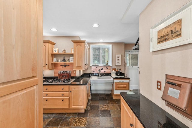 1830 E Kane Pl Unit 3, Milwaukee, WI 53202 - kitchen featuring light brown cabinets, recessed lighting, a sink, dark stone finish floors, and dark stone counters
