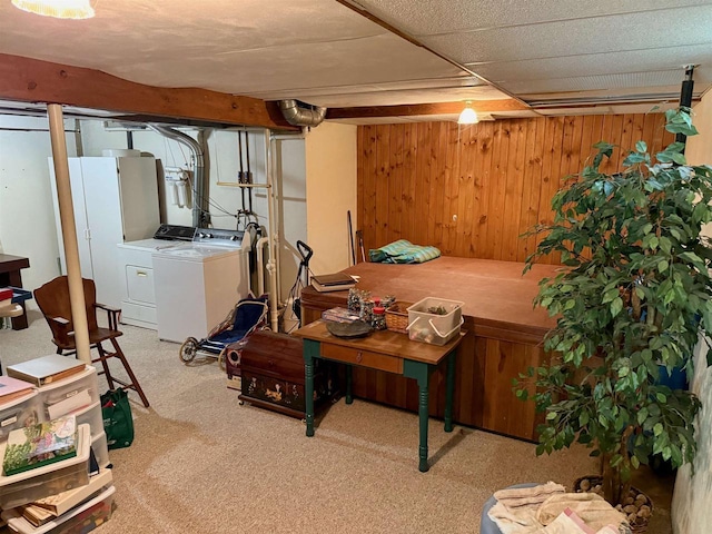 W9519 Skogen Rd, Cambridge, WI 53523 - finished below grade area featuring carpet flooring, wood walls, and washing machine and dryer