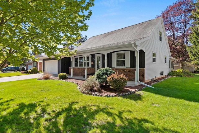 430 Fairview Way, Shawano, WI 54166 - view of front of house with an attached garage, driveway, a front lawn, brick siding, and a shingled roof