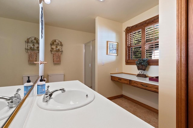 430 Fairview Way, Shawano, WI 54166 - bathroom featuring tile patterned floors, an enclosed shower, toilet, and vanity