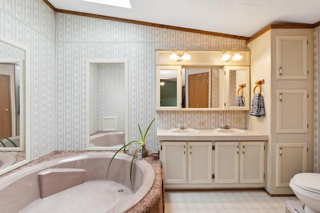 26 Westminster Ave, Holmen, WI 54636 - bathroom with vaulted ceiling, a bath, double vanity, toilet, and tile patterned floors