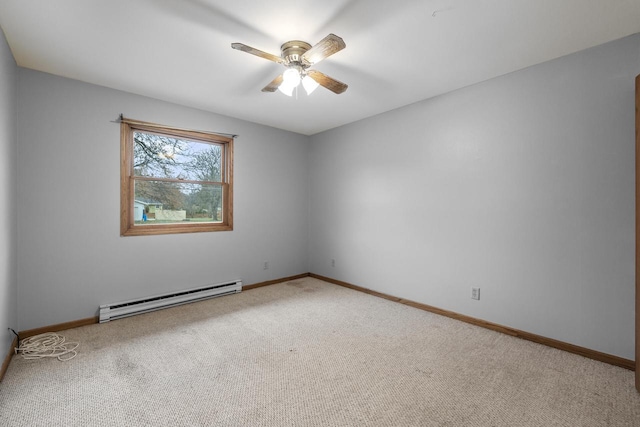 167 W Paradise Dr, West Bend, WI 53095 - spare room featuring a baseboard heating unit, a ceiling fan, carpet floors, and baseboards