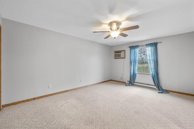 167 W Paradise Dr, West Bend, WI 53095 - empty room featuring ceiling fan, light colored carpet, baseboards, a wall mounted air conditioner, and a baseboard heating unit