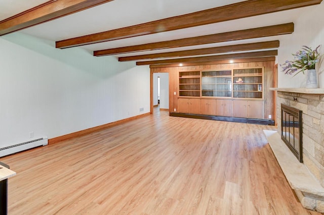 7628 W Mineral Point Rd, Verona, WI 53593 - unfurnished living room with a stone fireplace, wood finished floors, baseboards, baseboard heating, and beam ceiling