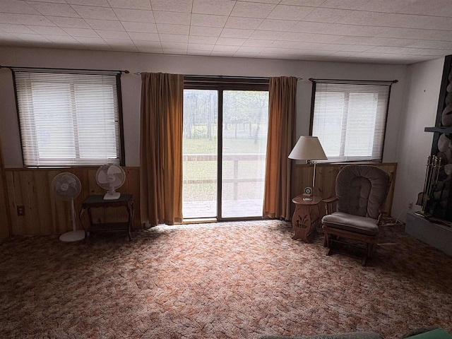 W5946 Beach Dr, New Lisbon, WI 53950 - sitting room featuring carpet flooring, wooden walls, and a wainscoted wall