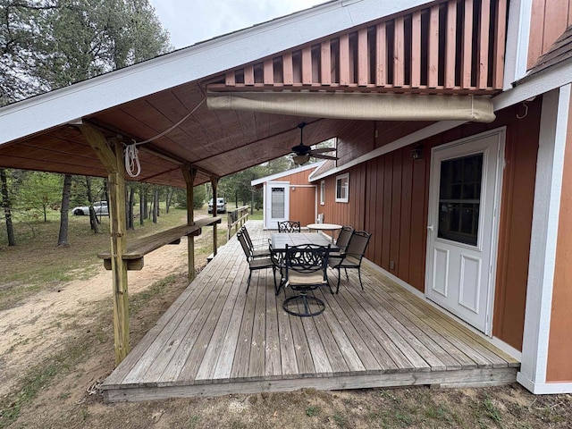 W5946 Beach Dr, New Lisbon, WI 53950 - wooden terrace featuring a ceiling fan and outdoor dining area
