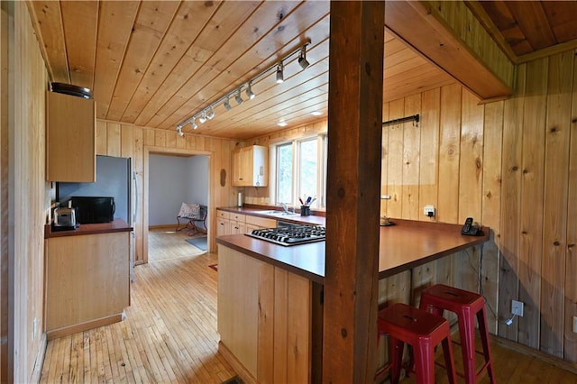 12642 Paddock Rd, Hayward, WI 54843 - kitchen featuring rail lighting, wooden walls, stainless steel gas stovetop, wood ceiling, and light wood-type flooring
