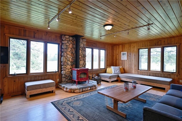 12642 Paddock Rd, Hayward, WI 54843 - living area featuring rail lighting, a wood stove, wooden walls, light wood-type flooring, and wood ceiling