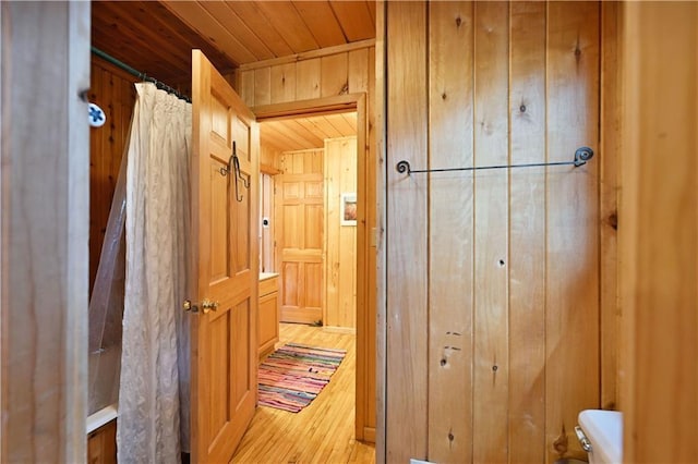 12642 Paddock Rd, Hayward, WI 54843 - hallway featuring wooden walls, wood ceiling, and light wood-style flooring
