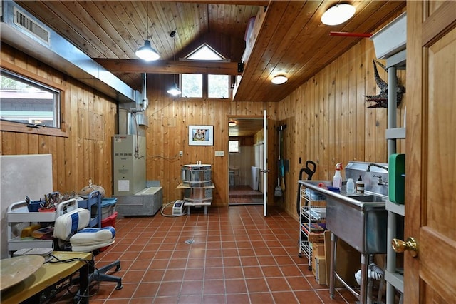 12642 Paddock Rd, Hayward, WI 54843 - tiled office space featuring wood walls, vaulted ceiling, and wood ceiling