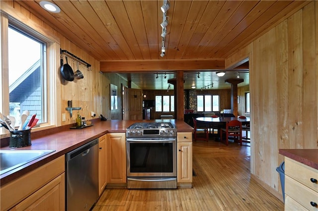 12642 Paddock Rd, Hayward, WI 54843 - kitchen with stainless steel appliances, light wood finished floors, track lighting, wooden walls, and wooden ceiling