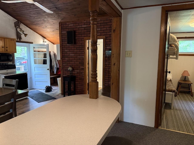 W10550 Hazelgreen Rd, Deerbrook, WI 54424 - kitchen with black microwave, ceiling fan, range with electric cooktop, carpet floors, and light countertops