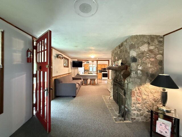 W10550 Hazelgreen Rd, Deerbrook, WI 54424 - living room featuring light carpet and a fireplace