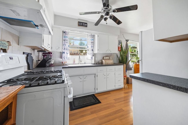 N2356 County Road D Ft, Atkinson, WI 53538 - kitchen with white gas range, a sink, under cabinet range hood, light wood-style flooring, and dark countertops